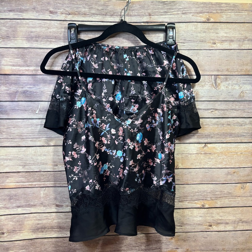 Victoria’s Secret Cami Shorts Set Size XS Black Print Lace Accent